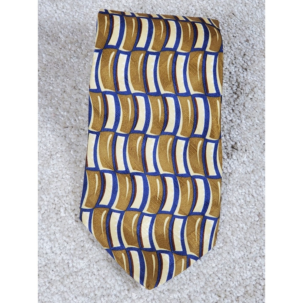Tom James Silk Neck Tie Geometric Design Gold Blue and Cream 58"